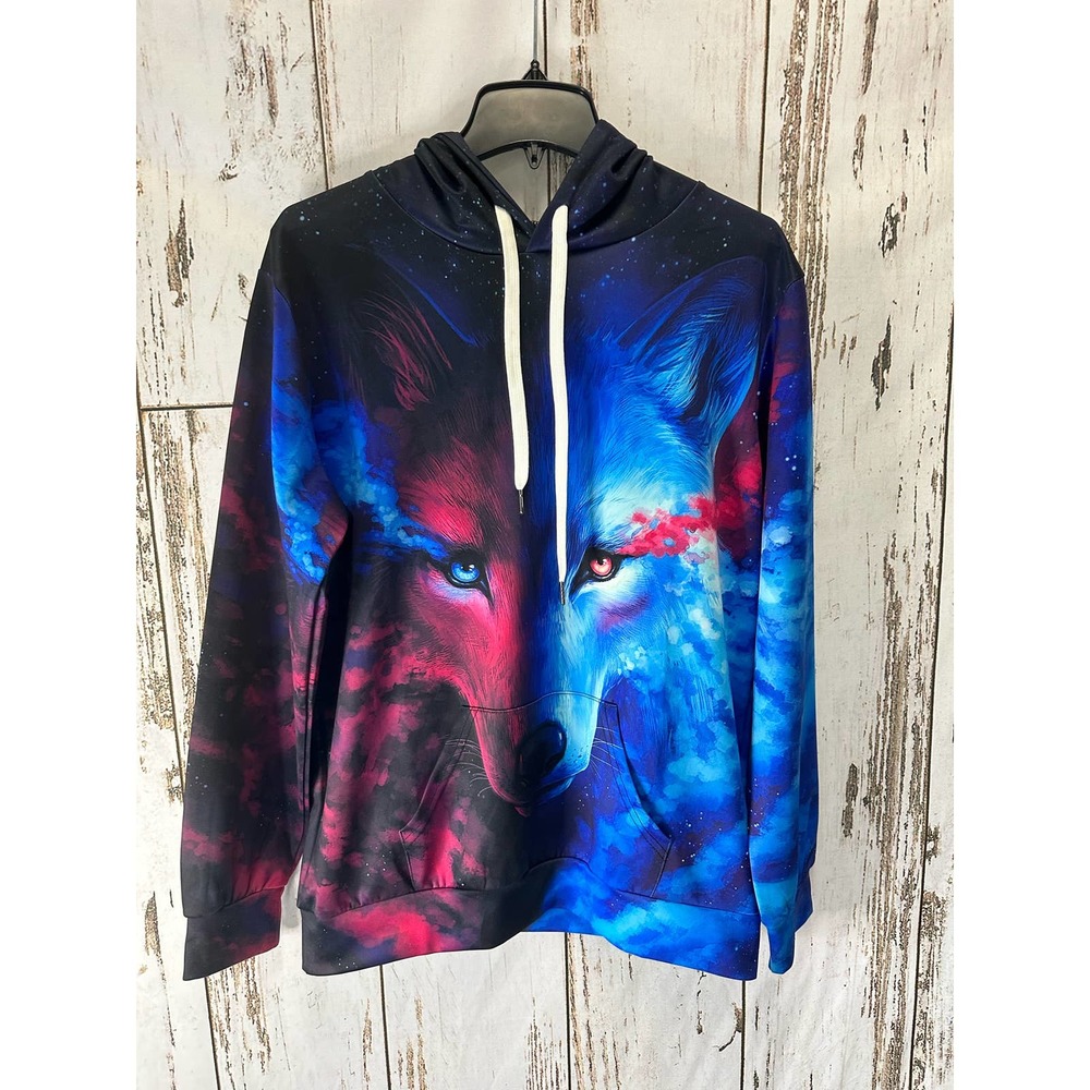 Newcosplay Men's Hoodie Blue/Pink Wolf Small